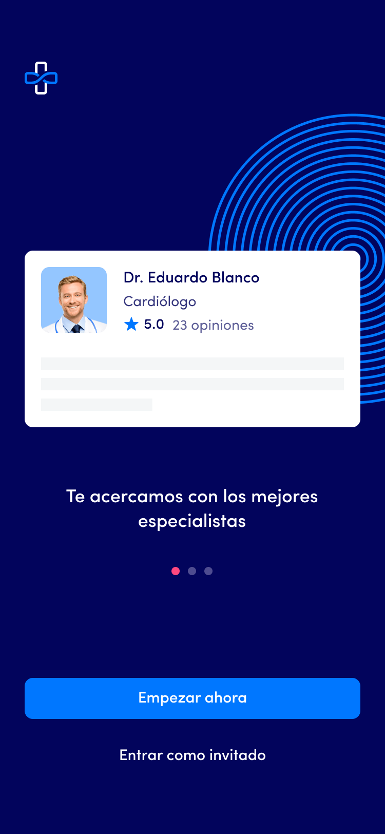Omnidoc patient app onboarding: specialist card with rating and guest sign-in