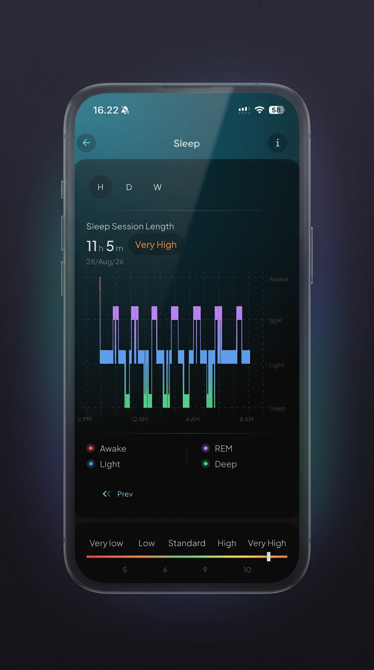 Sleep tracking interface with sleep stages and session insights in a glass phone frame