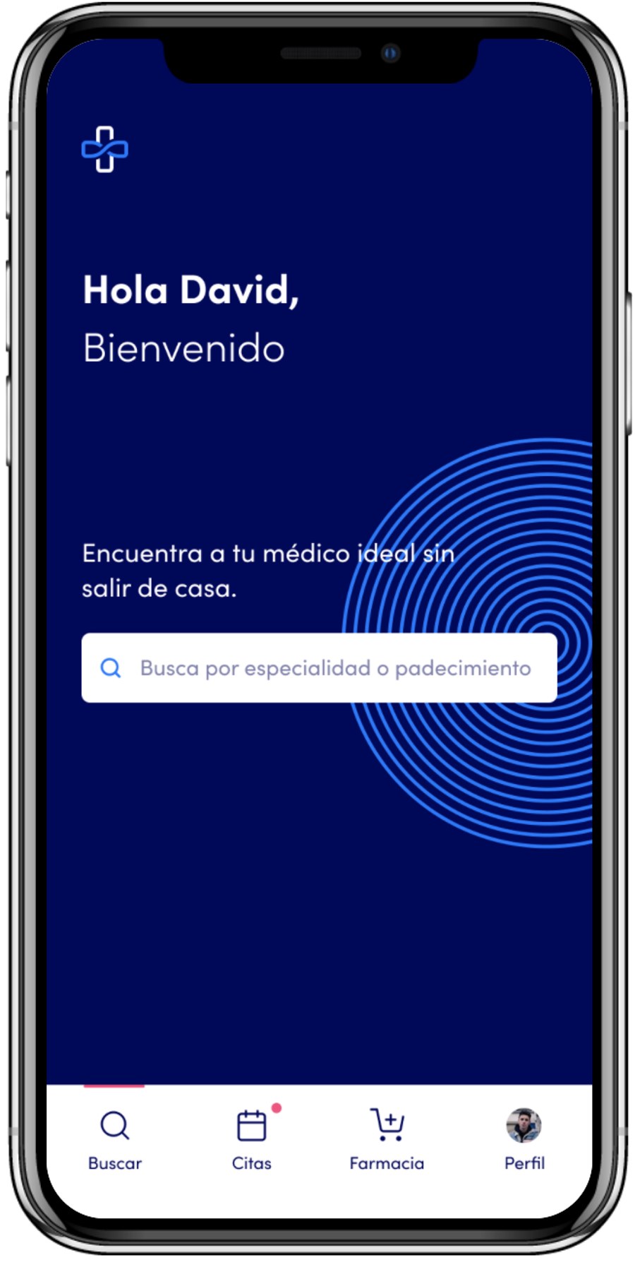 Omnidoc patient app welcome screen with specialist search