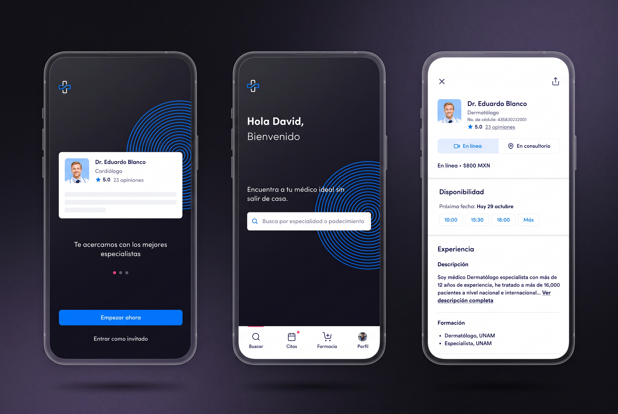 Omnidoc patient app screens: doctor search, online pharmacy and onboarding