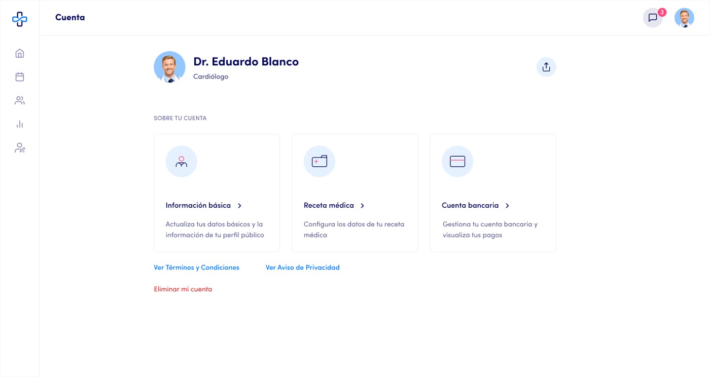 Omnidoc web platform: doctor account settings for profile, prescriptions and banking
