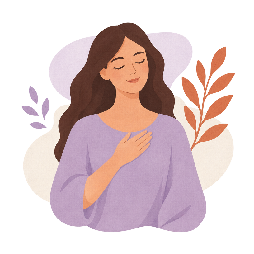 A woman taking a calm moment, with her hand over her heart